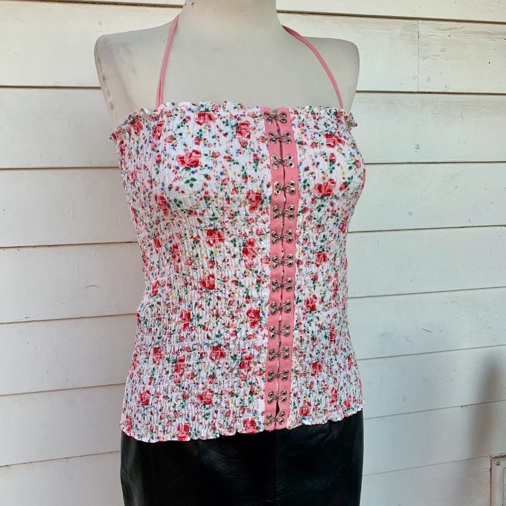 Vintage Betsey Johnson 90 2000 y2k Corset Halter Floral Garden Top Ruched Pink